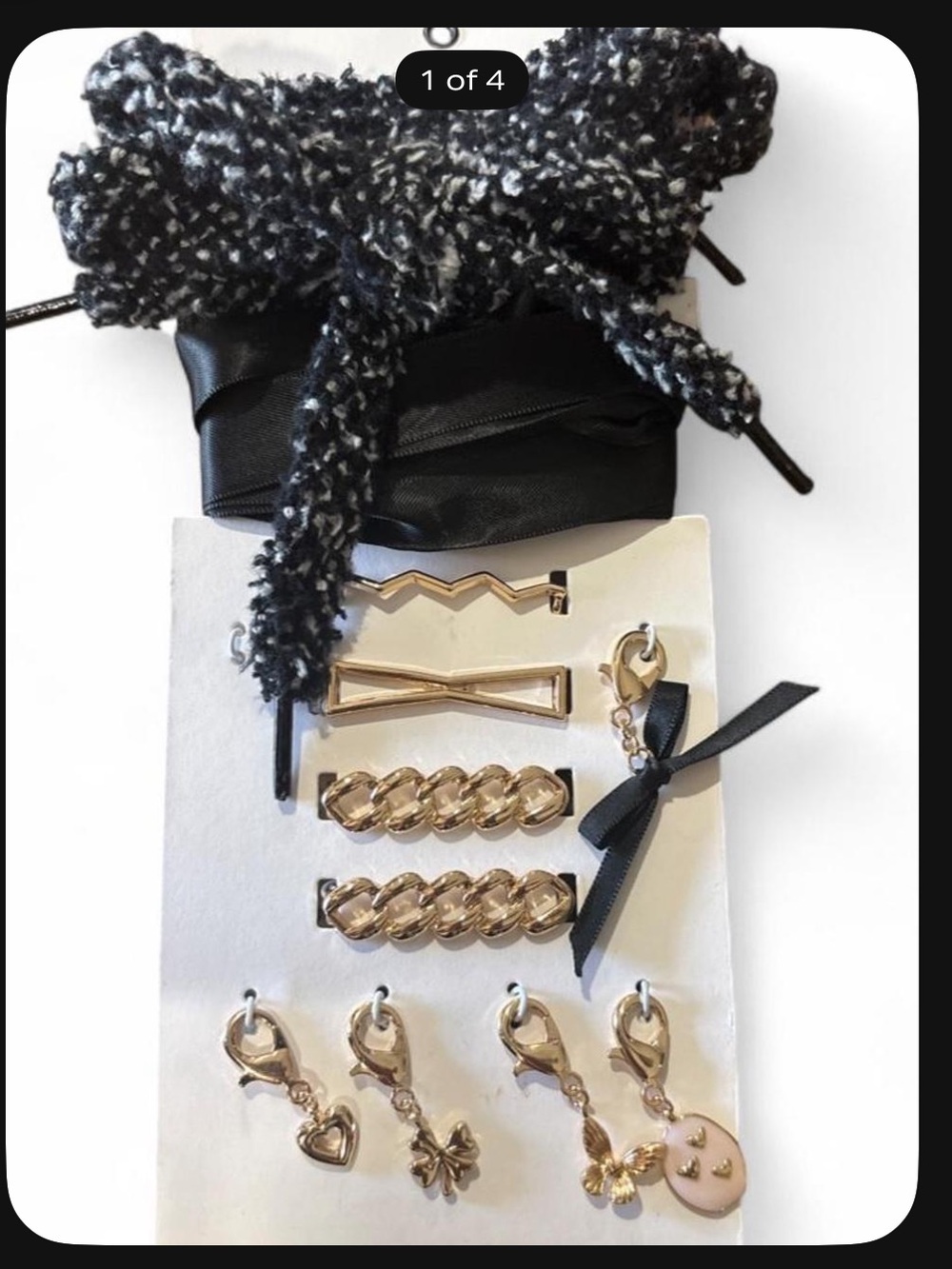 Leith fuzzy and satin shoe laces with gold charms ( missing one charm) see pic